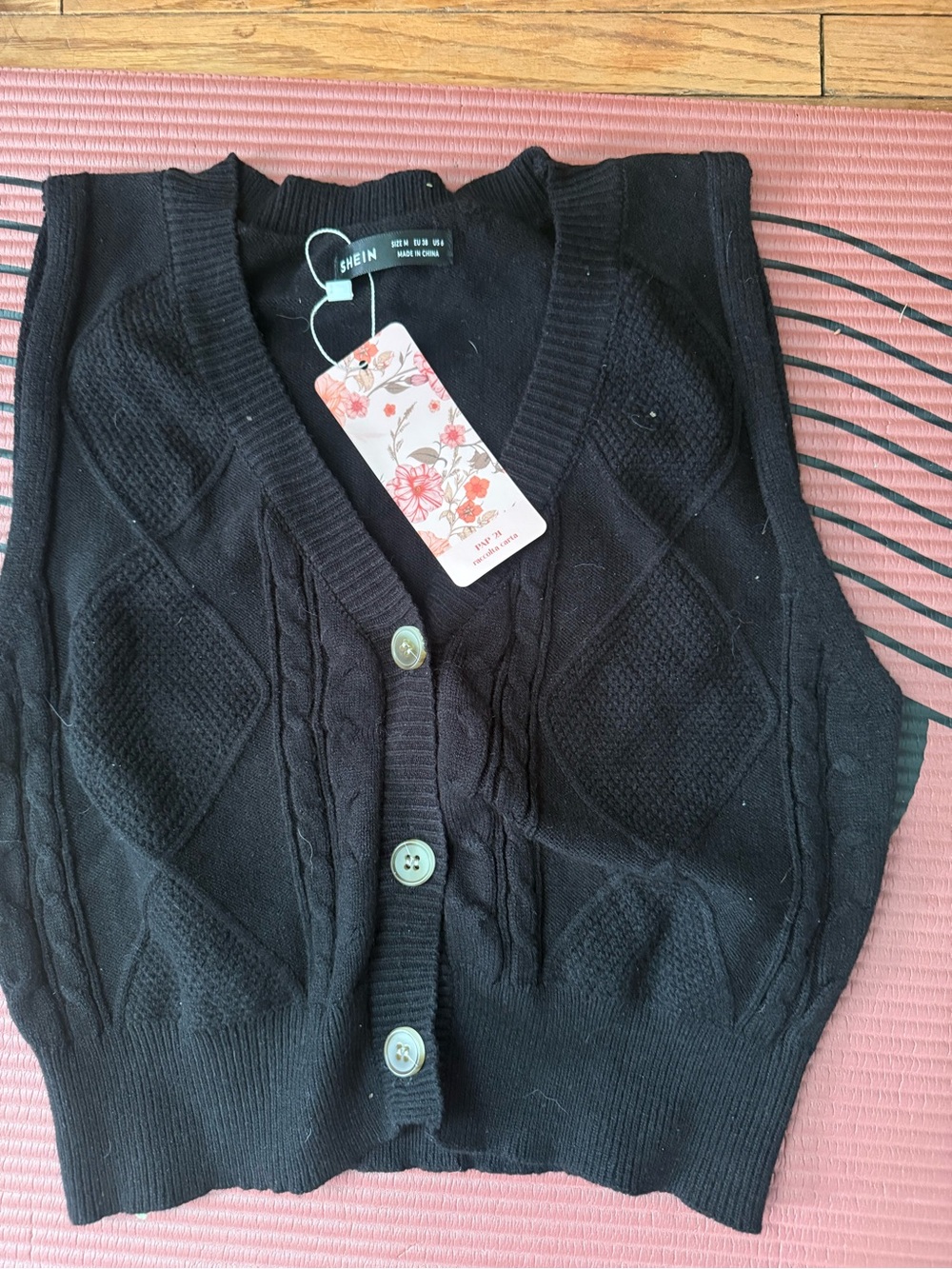 SHEIN Black Cable Knit Button Front Sweater Vest